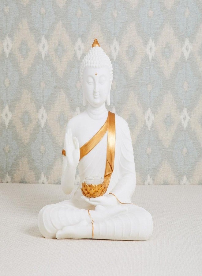 Karigaari India New Sitting Buddha Big Size Statue Showpiece Idol Home Decor Items For Living Room And Gifts With T-Light (White-Marble Finish), 16.4 cm , 11.2 cm - Image 3